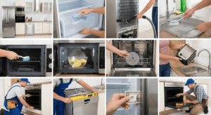 Kitchen Appliance Maintenance steps showing cleaning, inspecting and maintaining kitchen appliances for better performance and longevity.