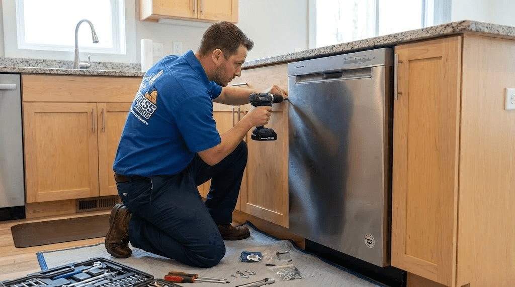 Technician installing a dishwasher as part of the Best Appliance Installation Services for a modern kitchen.