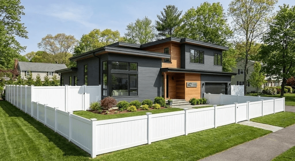 Vinyl Fencing installed around a modern home offering clean design, privacy and low maintenance durability.
