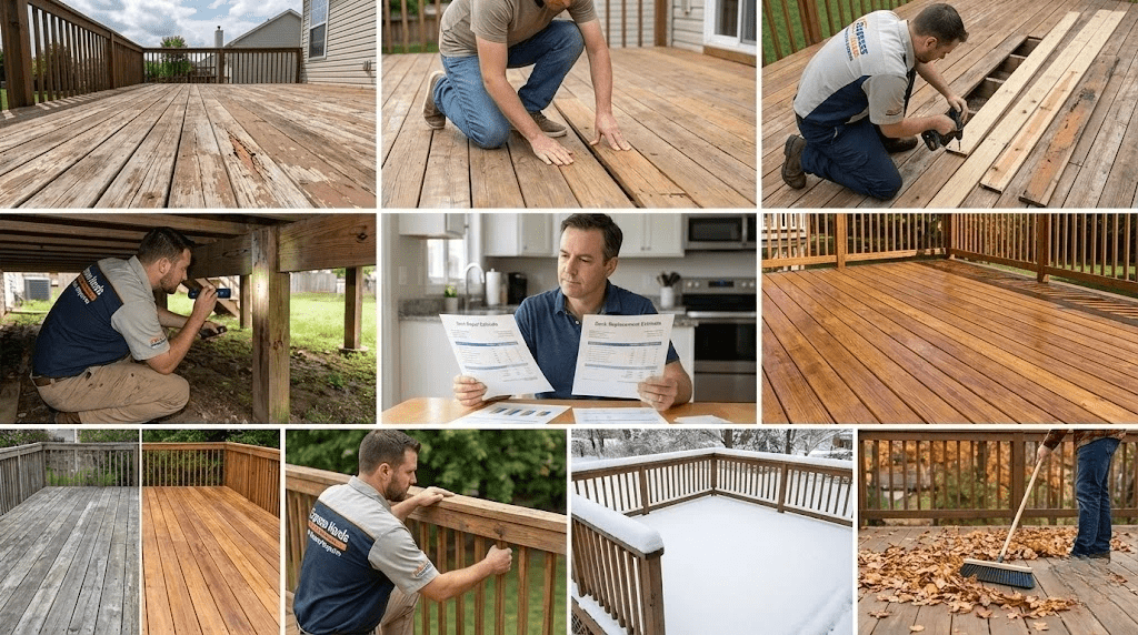 Technicians performing Deck Repair Services including inspection, board replacement, sanding and refinishing for a safer stronger deck.