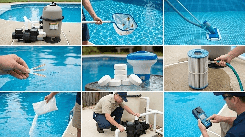 Pool Maintenance process showing water testing skimming vacuuming and filter cleaning for a clear safe swimming pool.
