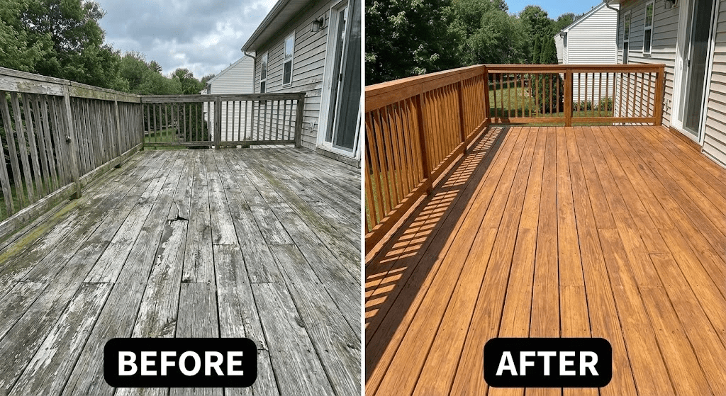 Deck Restoration before and after showing old weathered boards restored to a clean smooth and beautifully finished deck.