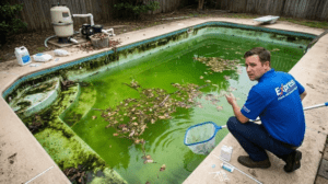 Pool Maintenance tips for clean cleTechnician providing Pool Maintenance Service while cleaning a green algae filled pool and preparing it for treatment.ar and healthy swimming water.