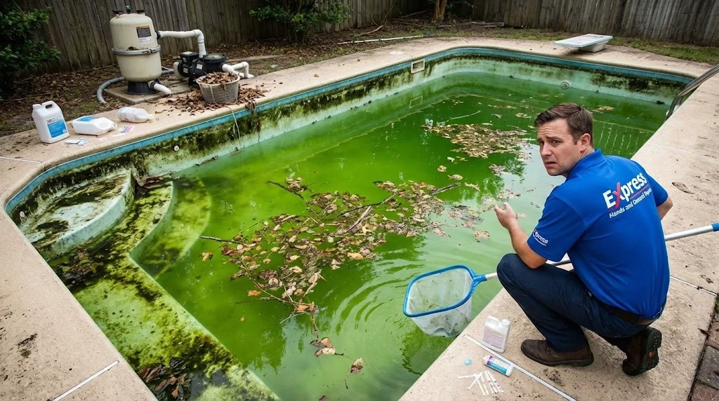 Pool Maintenance tips for clean cleTechnician providing Pool Maintenance Service while cleaning a green algae filled pool and preparing it for treatment.ar and healthy swimming water.