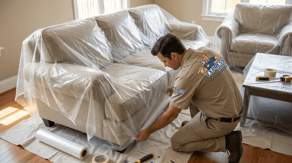 Painter prepping a room for a Best Professional Interior Painting Service with full furniture protection.