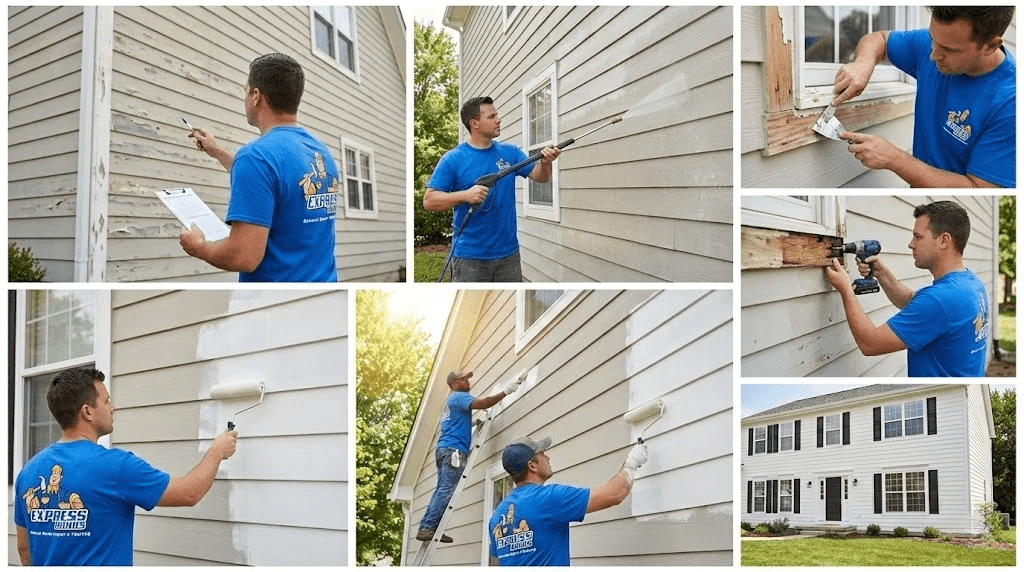 Professional Exterior House Painting team repairing sanding priming and painting home siding for a smooth durable finish.
