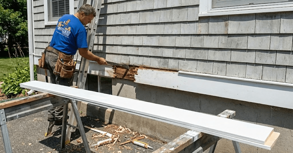 Worker removing rotted wood during Exterior Repair Maintenance before installing new trim for home restoration.