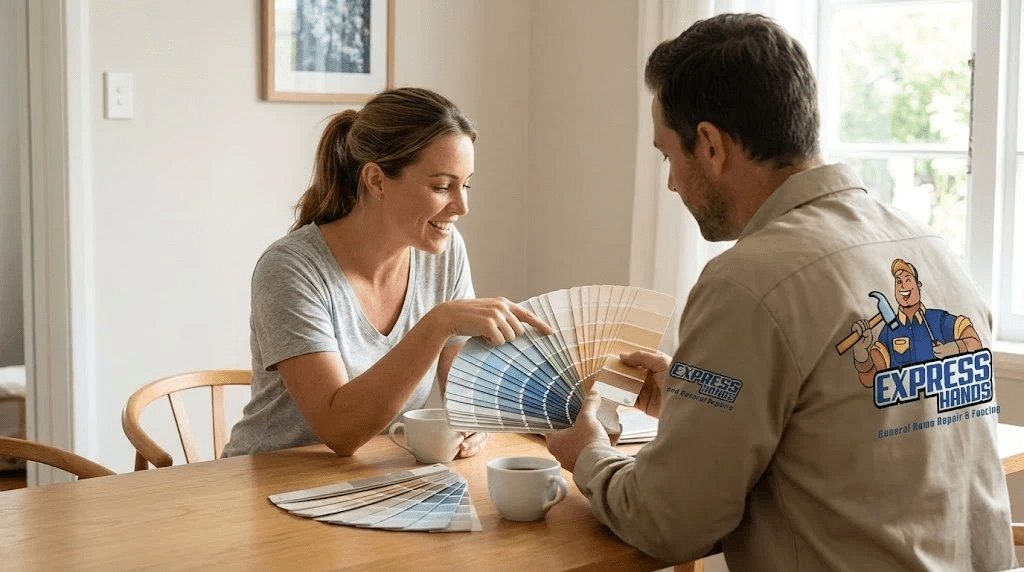 Expert guiding a homeowner through color choices during a Best Professional Interior Painting Service consultation.